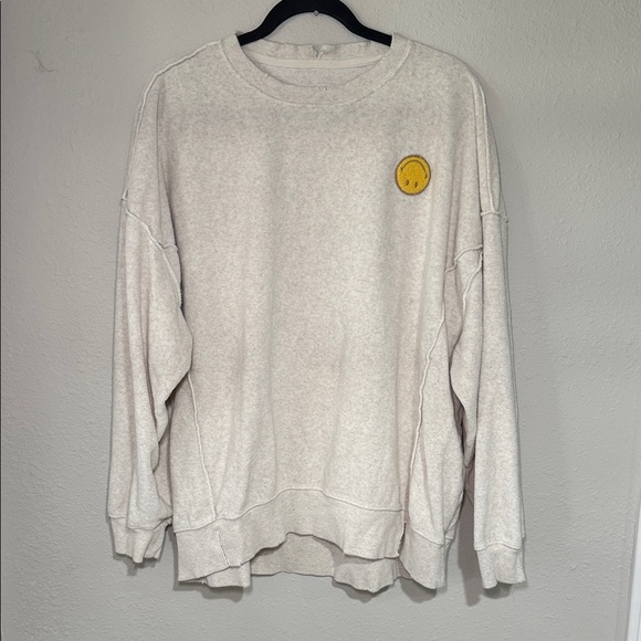 Aerie Cream distressed Sweatshirt with smile face Patch - Picture 1 of 7